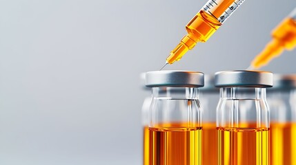 Syringe injecting amber liquid into vials, lab setting