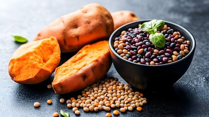 Sweet potatoes, beans, lentils, dark background, healthy food