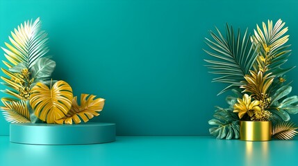 Teal backdrop, golden tropical leaves, podium, product display