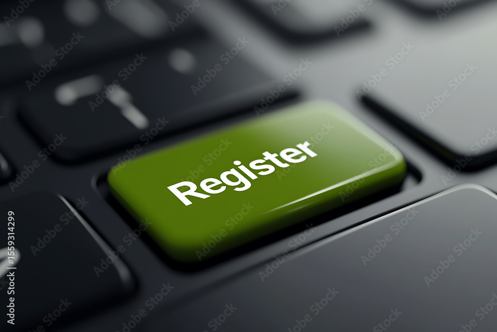 Poster green 'register' key: close-up of a keyboard key, focused on online registration or account creation