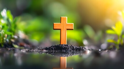 Wooden cross in soil, sunlight, nature, hope, faith, reflection