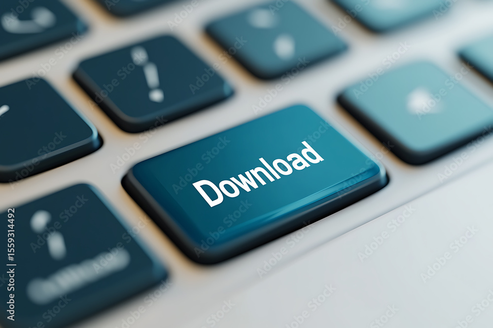 Poster download button on a computer keyboard. symbolizes downloading files or software from the internet. 