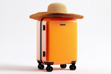 Orange suitcase on black wheels with a straw hat on the top ready for a trip and summer holidays