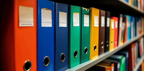 Colorful photograph of office file folders on a shelf