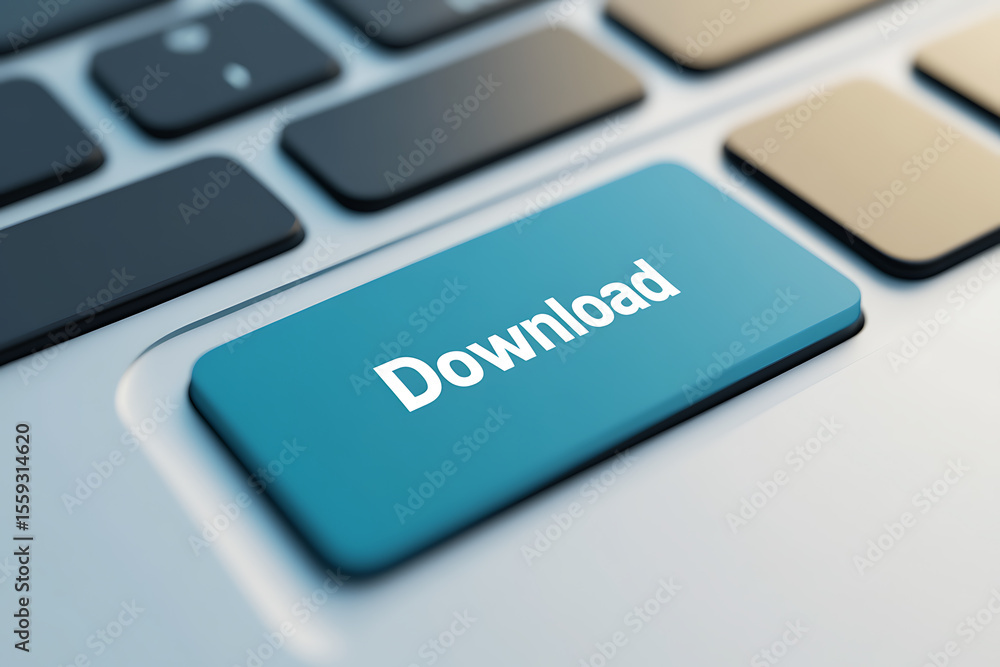Poster download button on computer keyboard. a blue button offers easy access to online content, emphasizin