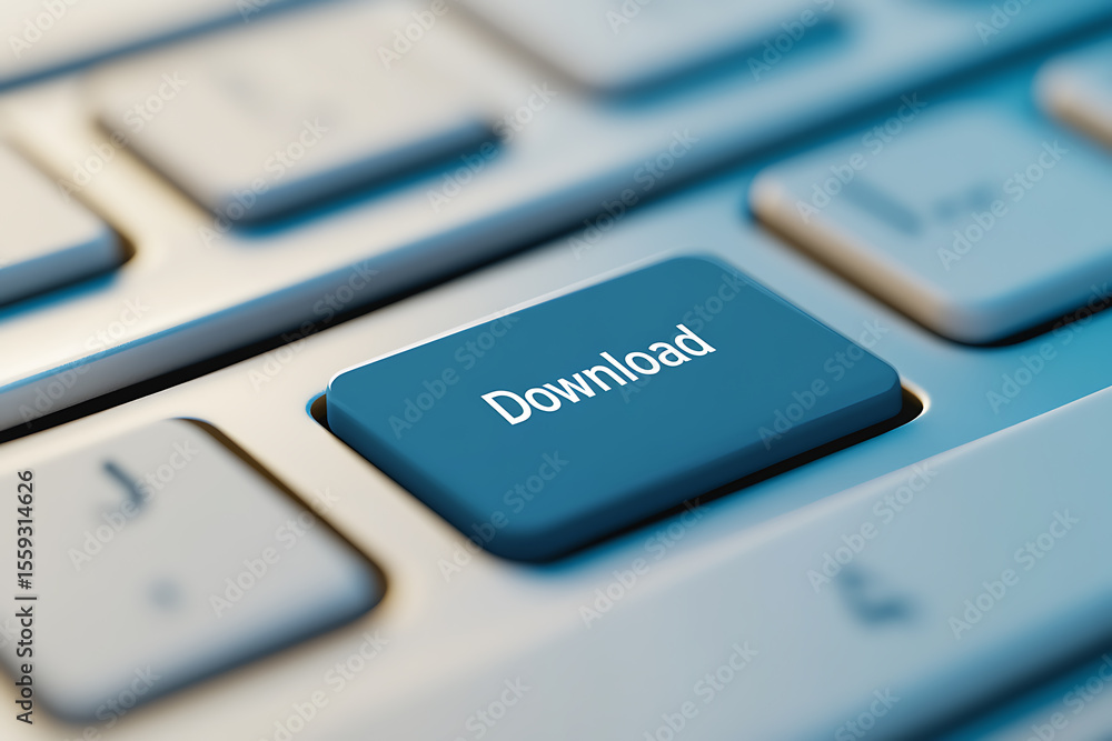 Poster close-up of a blue 'download' button on a keyboard, showcasing technology and accessibility. focus o