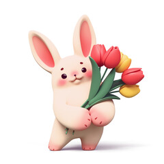 3d render of simple cute charming funny kawaii soft fluffy cartoon bunny with eyebrows, pink ears, cheeks stands holding bouquet of yellow and red tulips in its paws. Hello spring on white background.