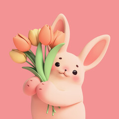 3d render portrait of simple cute funny kawaii soft fluffy cartoon bunny with happy face, eyebrows, ears, cheeks, holding bouquet of yellow orange tulips in its paws. Hello spring on pink background.