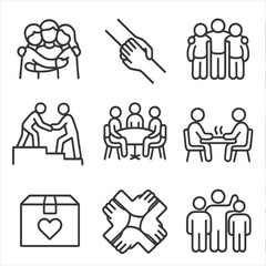 Community Support Icons. Line style icons of community support: group hug, helping hands, support circle, neighbor help, community