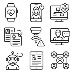Care Technology Icons. Line style icons of care technology: remote health monitoring, digital caregiver app, care coordination