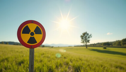 Radiation symbol sign in field under bright sunny sky  