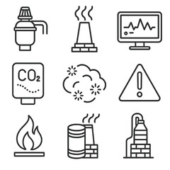 Fototapeta premium Emission Control Icons. Line style icons of emission control and safety: gas filter unit, emission stack, pollution monitor, CO₂