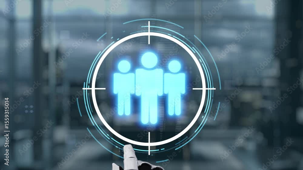 Poster a futuristic robot hand points at a digital user network in a modern office setting, representing te