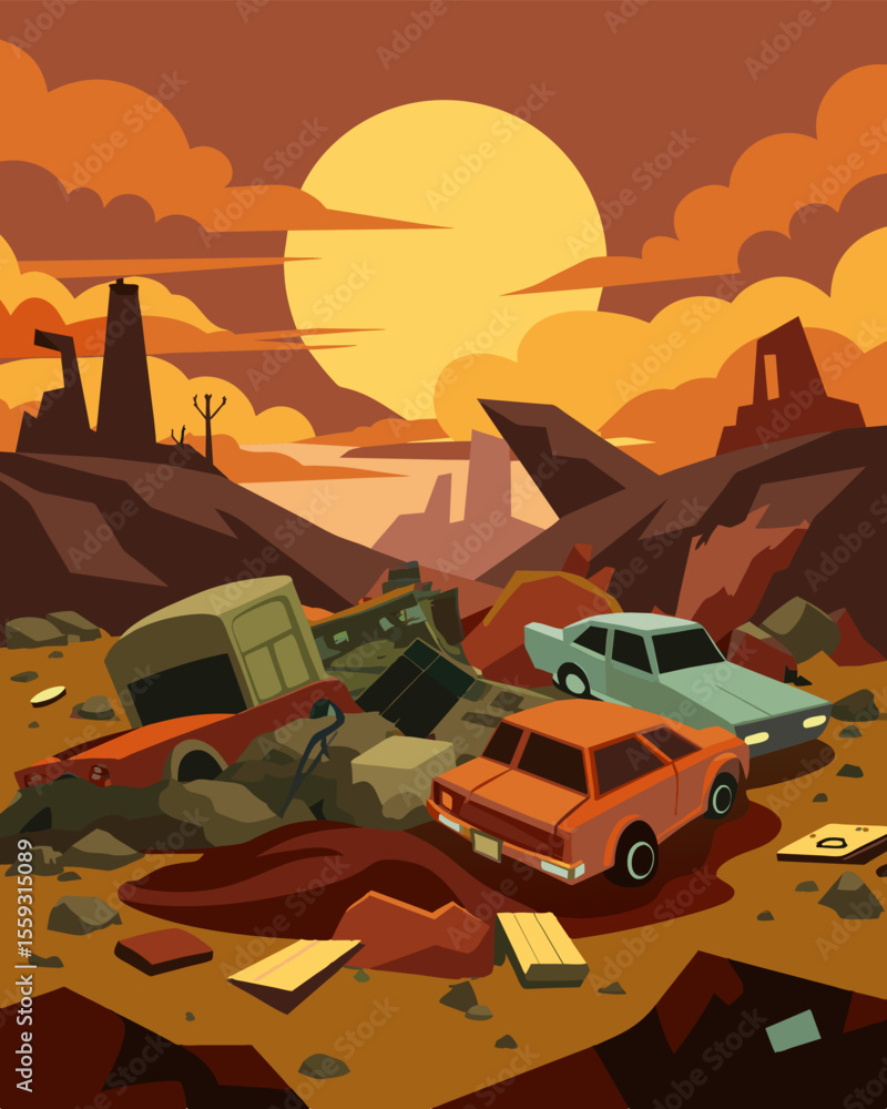 Poster a depressing and bleak backdrop with rusted cars heaps of scrap metal and piles of garbage dominatin