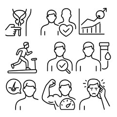Male Health Icons. Line style icons of male health screening: prostate exam symbol, heart check icon, testosterone chart, fitness