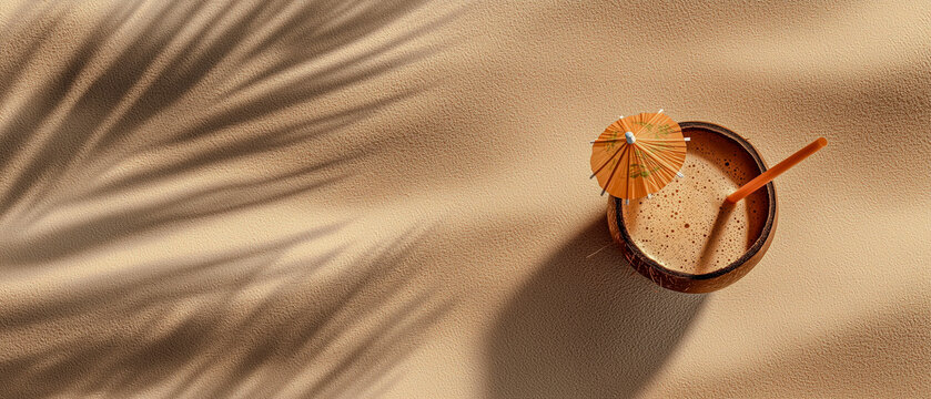 Tropical coconut cocktail with umbrella placed on soft pastel sand near palm shadows, top-down beach scene with clean open space ideal for summer designs, ads, or promotional overlays