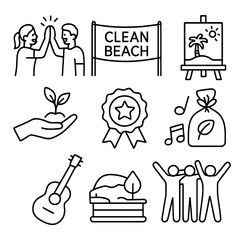 Eco Celebration Icons. Line style icons of post-cleanup celebration: high five volunteers, clean beach banner, eco cake icon,