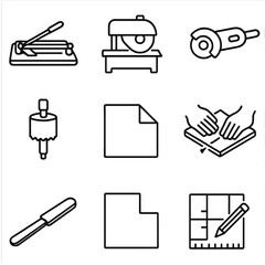 Tile Cutting Icons. Line style icons of cutting and shaping tiles: manual tile cutter, electric wet saw, angle grinder icon, hole