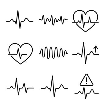 ECG Line Style Icons. Line style icons of heart rhythm and ECG findings: PQRST wave diagram, arrhythmia waveform, tachycardia