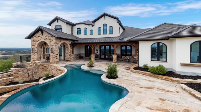 texas stone home with pool in backyard