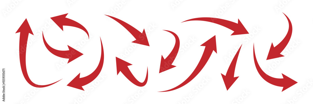 Poster red arrow symbol set isolated on white. curved motion arrows shapes. bold graphic elements for navig