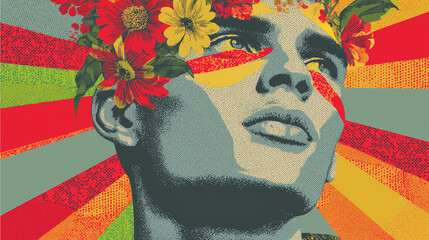 Flamboyant Pop Art Portrait – Young Man with Braided Flowers, Rainbow Beams & Pride Parade Energy