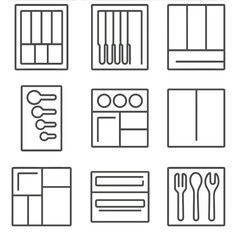 Obraz premium Kitchen Drawer Organizers. Line style icons of kitchen drawer organizers: cutlery tray, knife divider, utensil organizer,