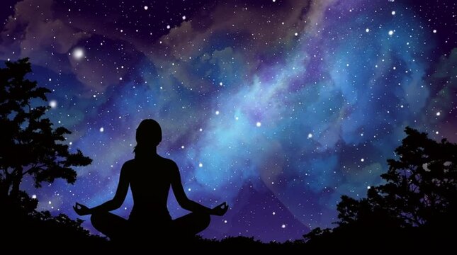 silhouette of a woman meditating in the night, yoga pose, stars, galaxy