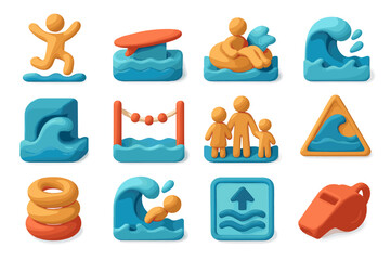 Colorful beach icons with swimming, surfing, and safety symbols