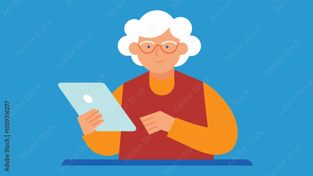 Poster an elderly person using a digital reading tablet with adjustable font sizes holding it with shaky ha