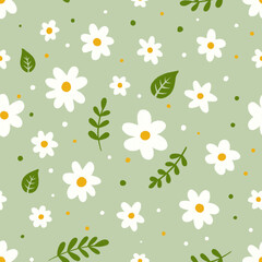 Seamless floral pattern with white flowers and green leaves on green background. Cute botanical illustration, perfect for fabric, wrapping paper, stationery, wallpapers, and decor.