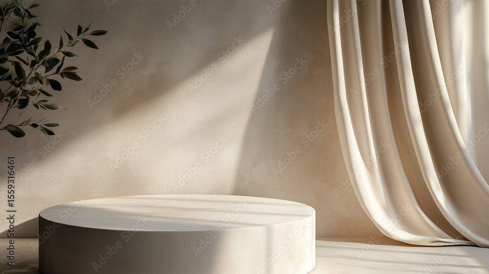 Poster elegant minimalist interior with soft sunlight illuminating a round platform and draped curtains in 