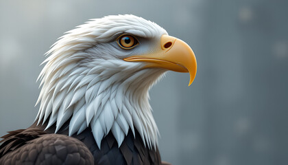 Obraz premium Majestic bald eagle portrait showcasing its striking white head, sharp yellow beak, and intense gaze against a blurred backdrop.