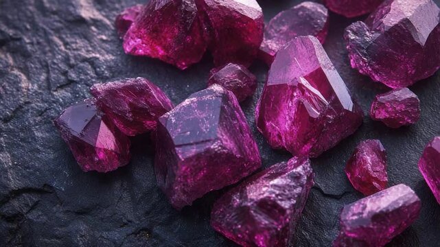 Close-up of vibrant purple crystals scattered on a dark stone surface.