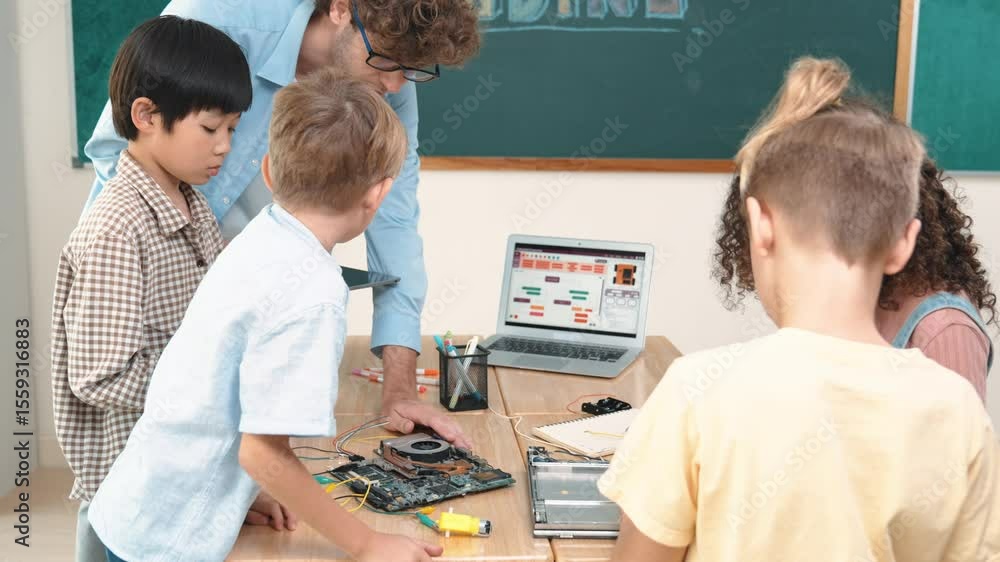 Poster cute energetic children working on electronic board while teacher using tablet analyze data. group o