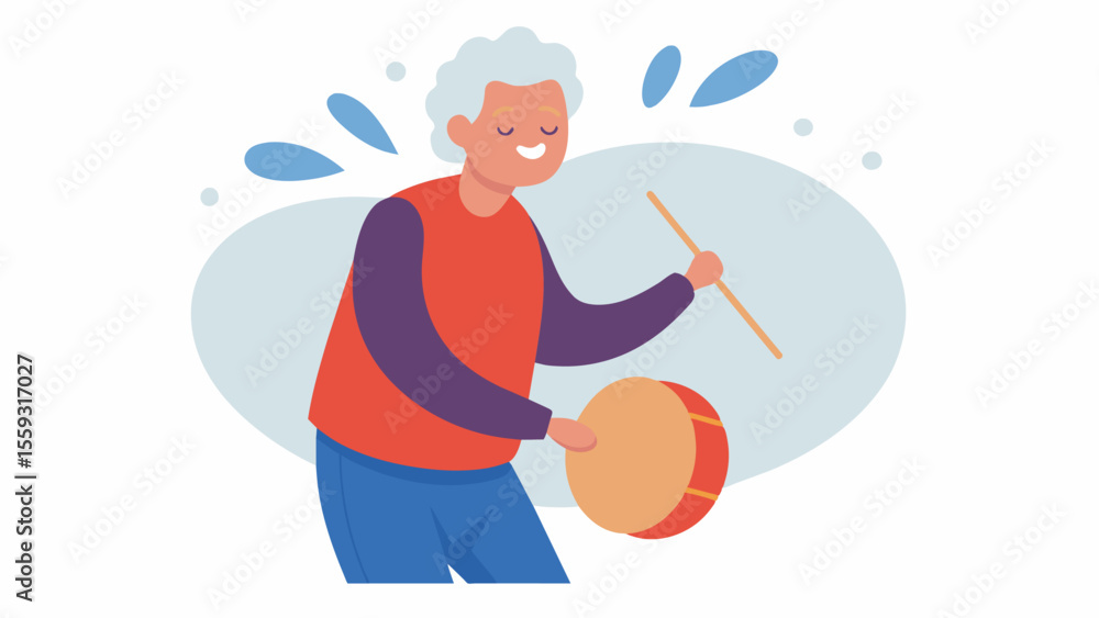 Aufkleber an older person participating in a drum circle using rhythm to express emotions and release tension.