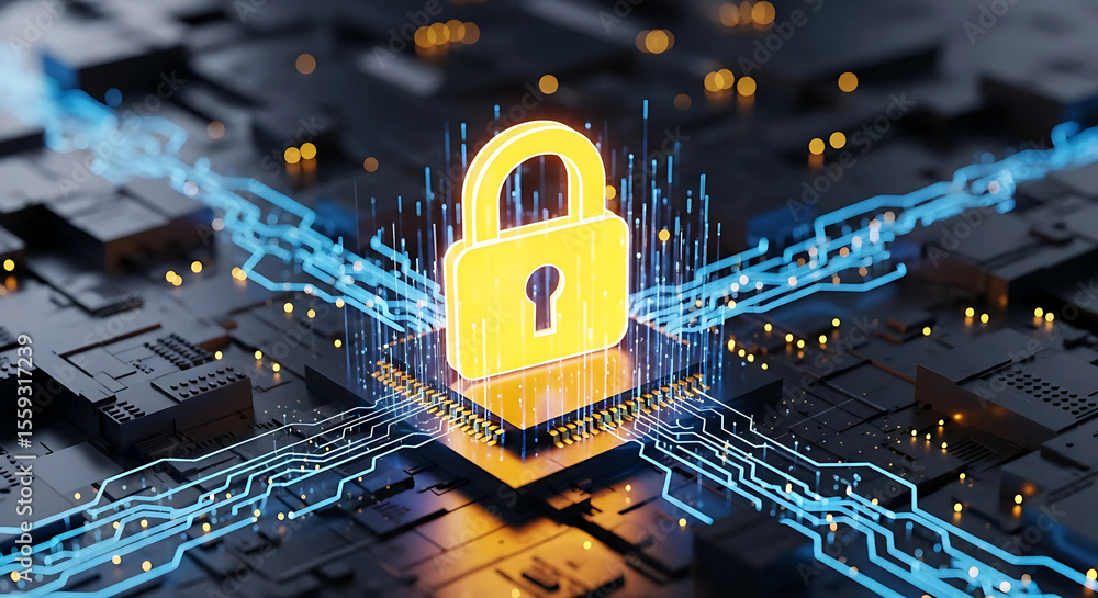 Fototapete a glowing yellow padlock sits atop a computer chip with circuit patterns, symbolizing cybersecurity 