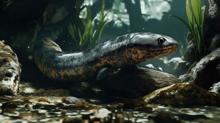 Fototapeta premium A large aquatic salamander is seen swimming underwater near rocks