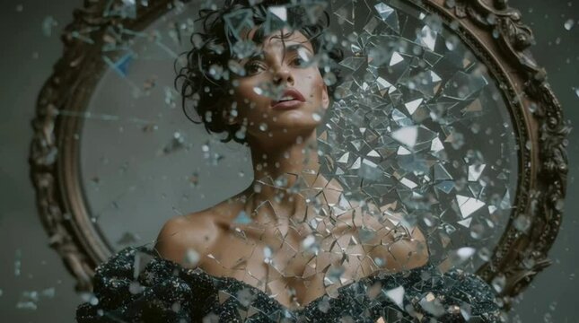 woman in front of a mirror shattering glass, depression, anxiety, depressed
