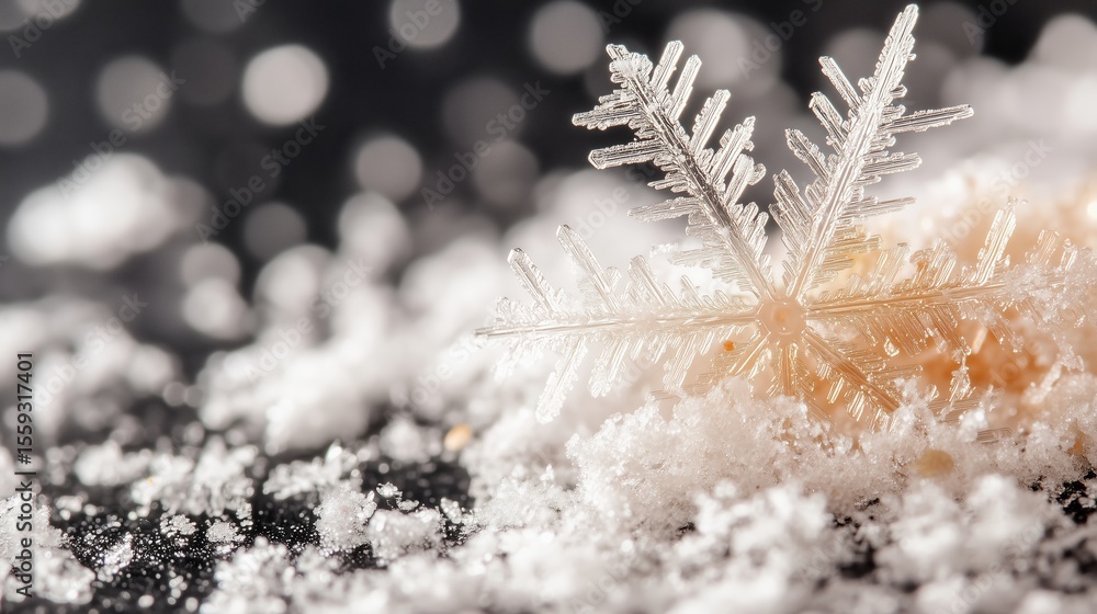 Poster delicate snowflake resting on soft snow during a winter evening with a blurred background
