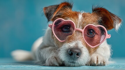 Jack Russell Terrier puppy wears pink heart shaped glasses, looking directly at the viewer on a blue background, showcasing a playful expression