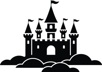 A black silhouette of a castle with flags on top of the towers and cloud like shapes