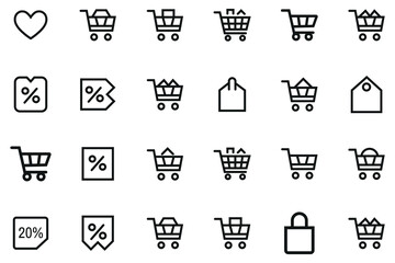 E-commerce Shopping Cart Line Icons – Discount, Tag, Sale Badge, Checkout, Secure Purchase Symbols