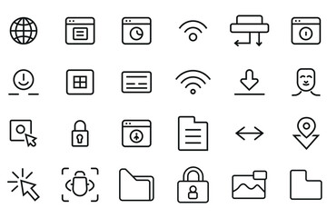 Minimalist Line Art UI Icons Set – 24 Clean Vector Symbols for Web, App, Tech, Network & Security
