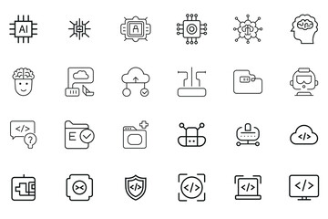 AI And Technology Line Icons Set – Machine Learning, Cloud Computing, Coding, Cybersecurity, Neural Network Symbols