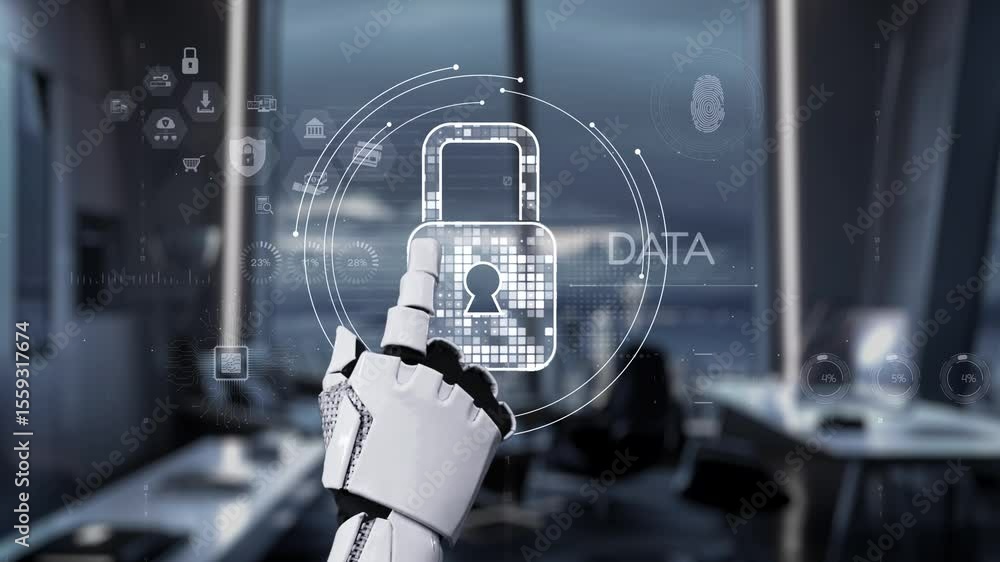 Poster a futuristic robot hand interacts with a digital security interface showcasing data protection symbo