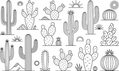 A seamless pattern of various outlined cacti and suns on a white background design art