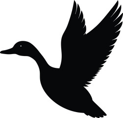 Silhouette of a Majestic Duck in Mid Flight with Wings Extended Gracefully Against a White Background. Duck in Flight Silhouette, Majestic Waterfowl with Extended Wings Vector on White Background.
