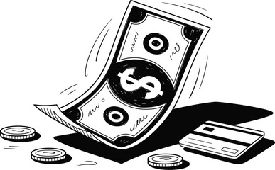 A black and white illustration of a dollar bill, coins, and a credit card on a surface
