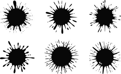 A set of six black ink splatters arranged in two rows on a plain white background space